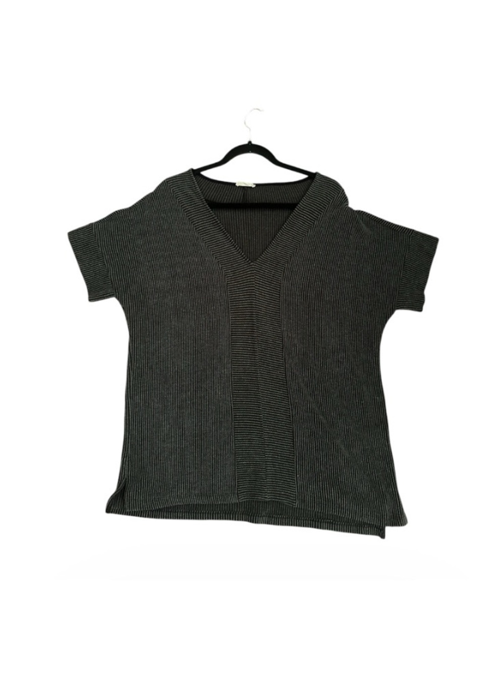 V-Neck Short Sleeve Ribbed Knit Top - Black